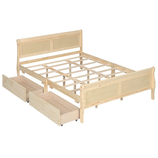 Queen Size Bed Frame with 2 Storage Drawers and Footboard-Natural