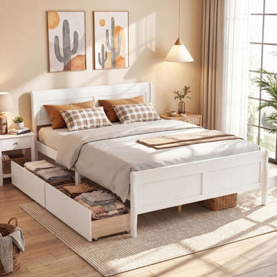 Queen Size Bed Frame with 2 Storage Drawers and Footboard-White