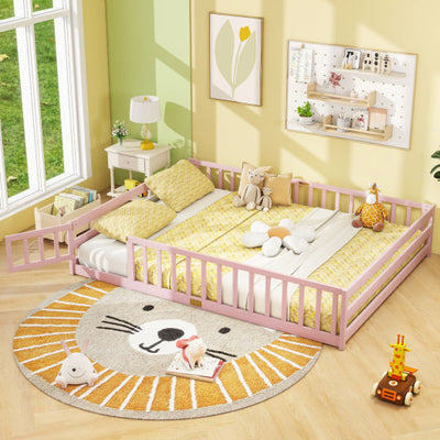 Queen Size Floor Bed Kids Montessori Bed Frame with Full Length Safety Guardrails-Pink