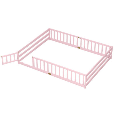 Queen Size Floor Bed Kids Montessori Bed Frame with Full Length Safety Guardrails-Pink