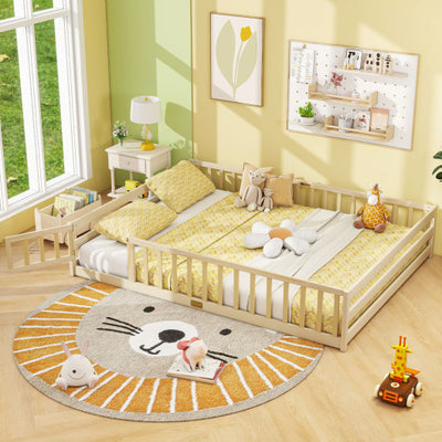Queen Size Floor Bed Kids Montessori Bed Frame with Full Length Safety Guardrails-Natural
