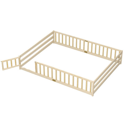 Queen Size Floor Bed Kids Montessori Bed Frame with Full Length Safety Guardrails-Natural