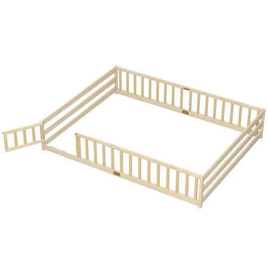 Queen Size Floor Bed Kids Montessori Bed Frame with Full Length Safety Guardrails-Natural