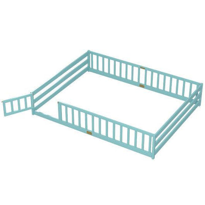 Queen Size Floor Bed Kids Montessori Bed Frame with Full Length Safety Guardrails-Dark Green