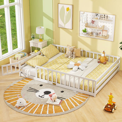 Queen Size Floor Bed Kids Montessori Bed Frame with Full Length Safety Guardrails-White