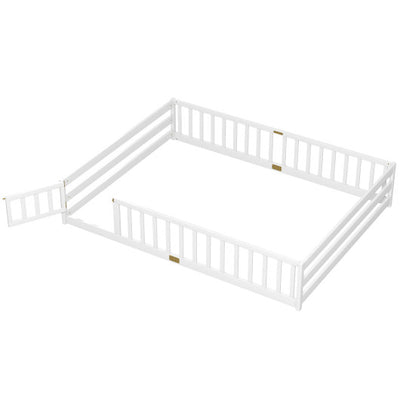 Queen Size Floor Bed Kids Montessori Bed Frame with Full Length Safety Guardrails-White