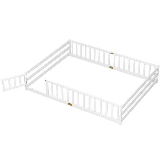 Queen Size Floor Bed Kids Montessori Bed Frame with Full Length Safety Guardrails-White