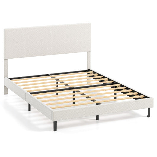 Queen Size Velvet Bed Frame Upholstered Platform Bed with Chevron Headboard Beige