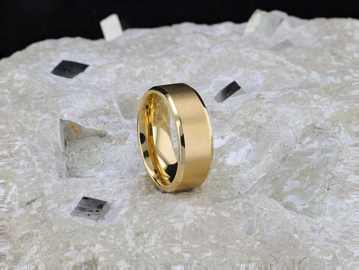 RADIATE Gold-Plated Titanium Flat Brushed Center Men's Wedding Ring With Beveled Polished Edges - 8mm
