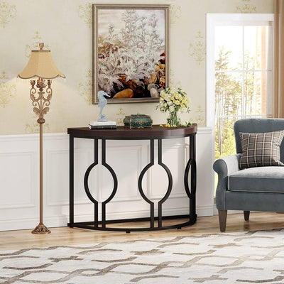 Modern 43-inch Half Moon Accent Console Table with Brown Wood Top Black Frame