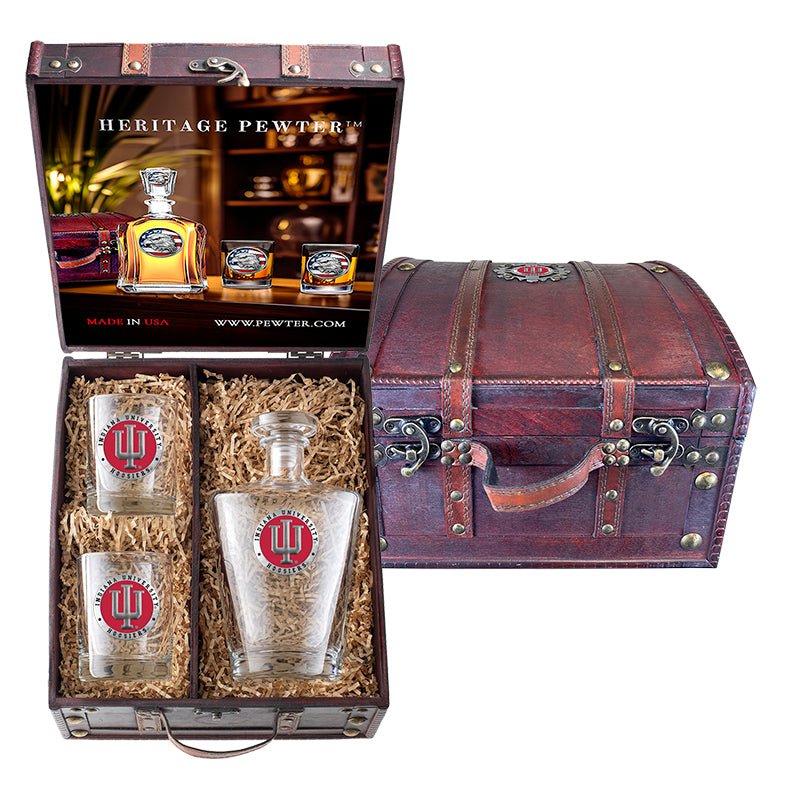 Indiana University Royal Decanter and 2 Glasses with Chest Box
