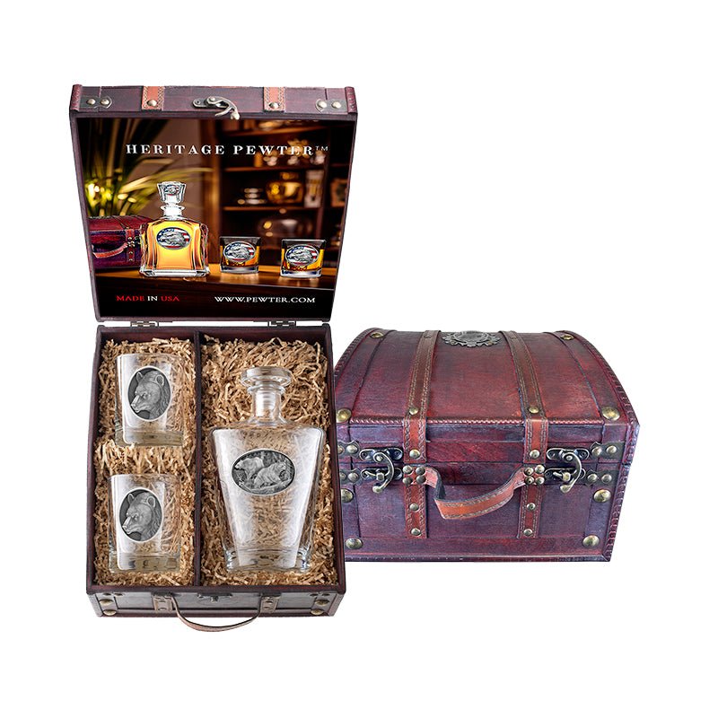 Black Bear Royal Decanter and 2 Glasses with Chest Box