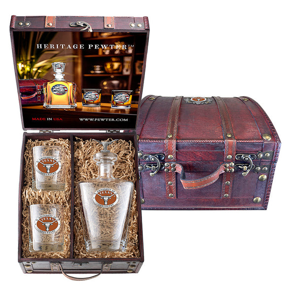 University of Texas at Austin Royal Decanter with 3D Top and 2 Glasses w/ Chest Box