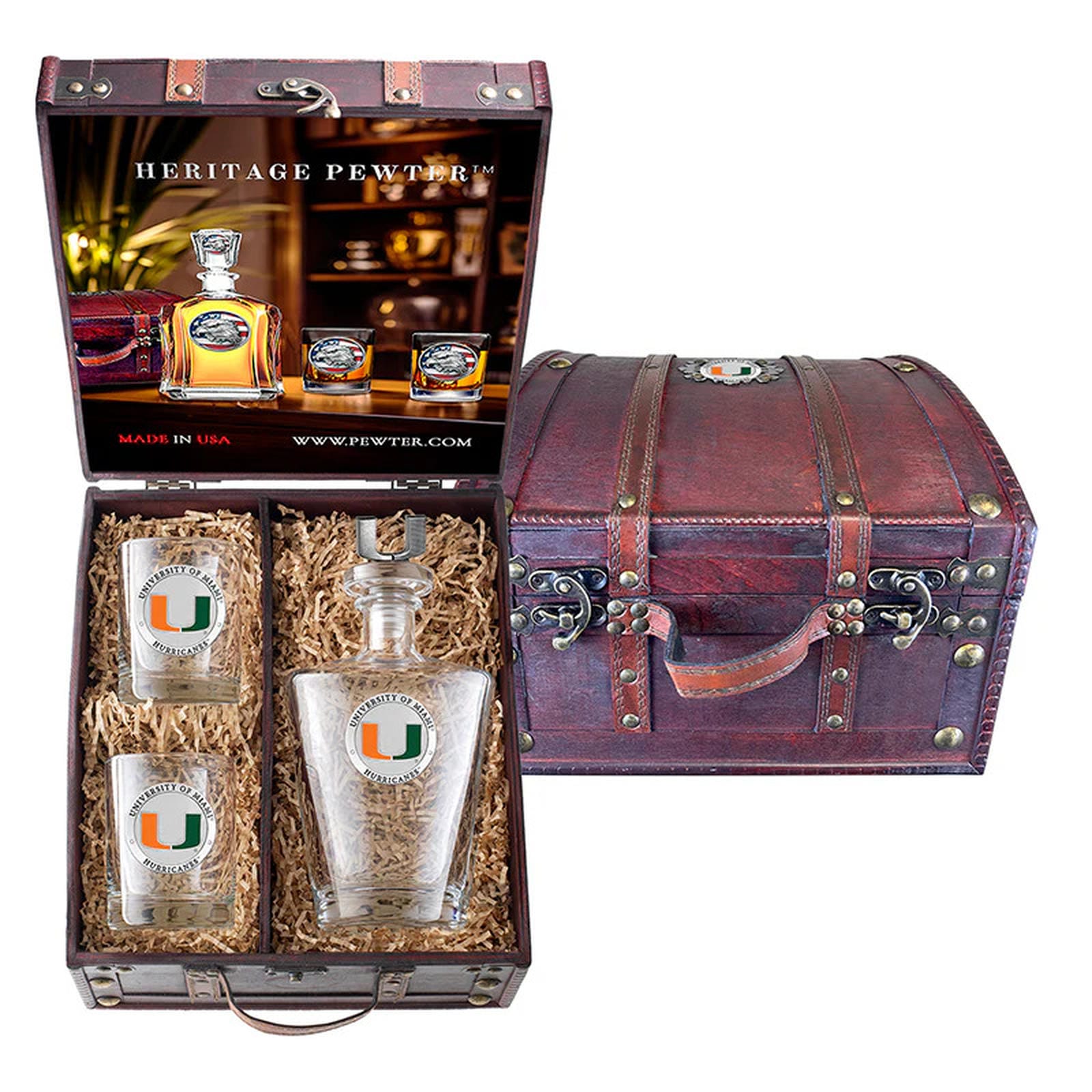 University of Miami Royal Decanter with 3D Top and 2 Glasses w/ Chest Box