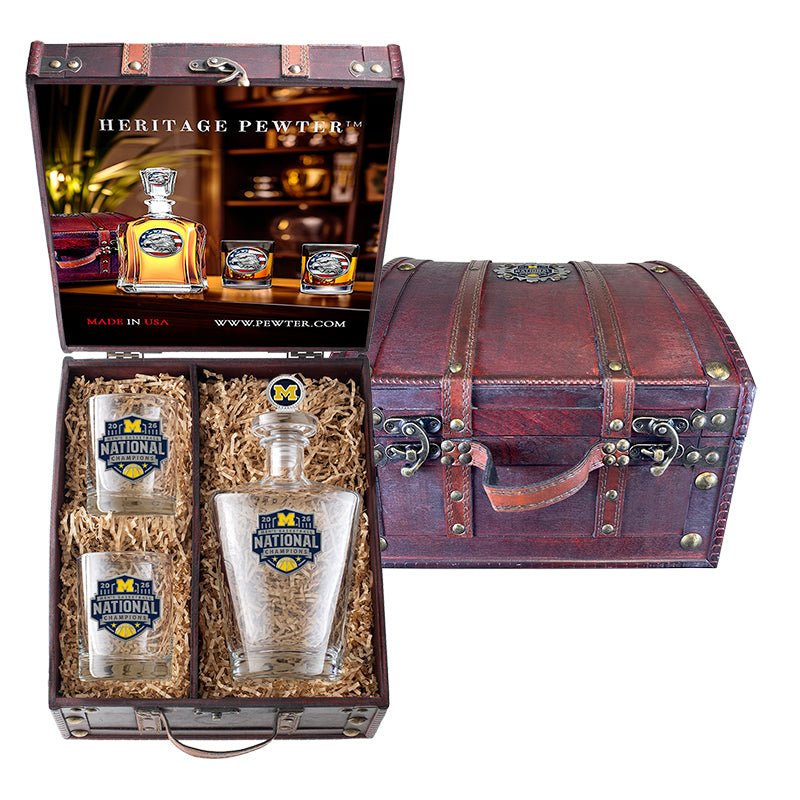 2026 Michigan Basketball Championship Royal Decanter w/ 3D Top and 2 Glasses w/ Chest Box