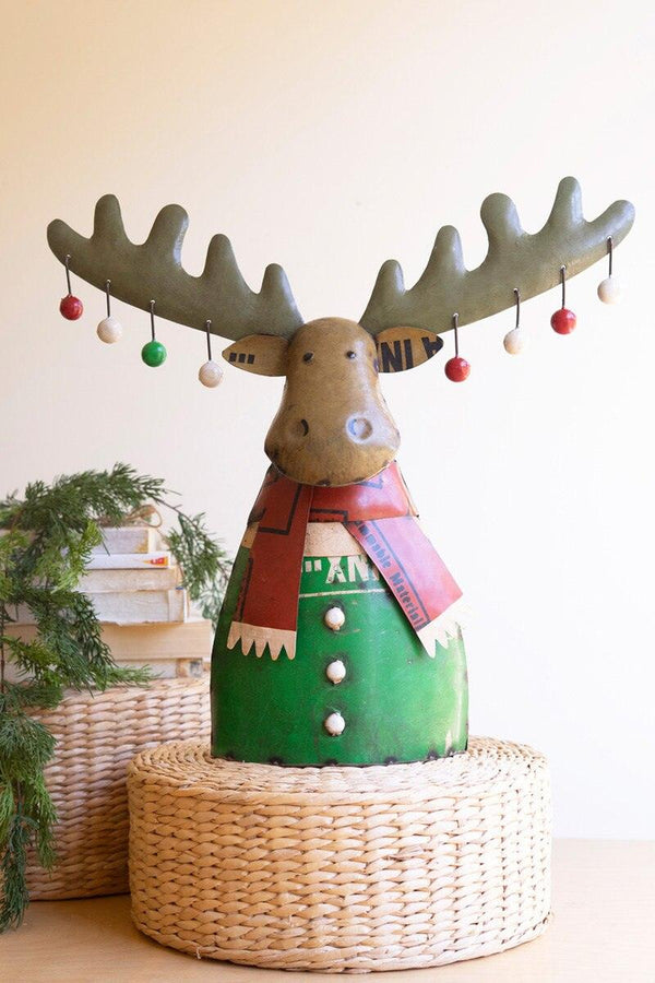RECYCLED METAL CHRISTMAS MOOSE WITH ORNAMENTS