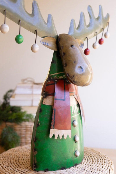 RECYCLED METAL CHRISTMAS MOOSE WITH ORNAMENTS