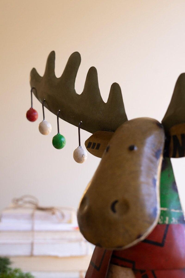 RECYCLED METAL CHRISTMAS MOOSE WITH ORNAMENTS