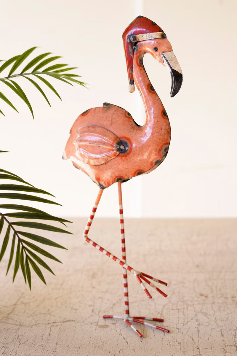 RECYCLED PAINTED METAL CHRISTMAS FLAMINGO