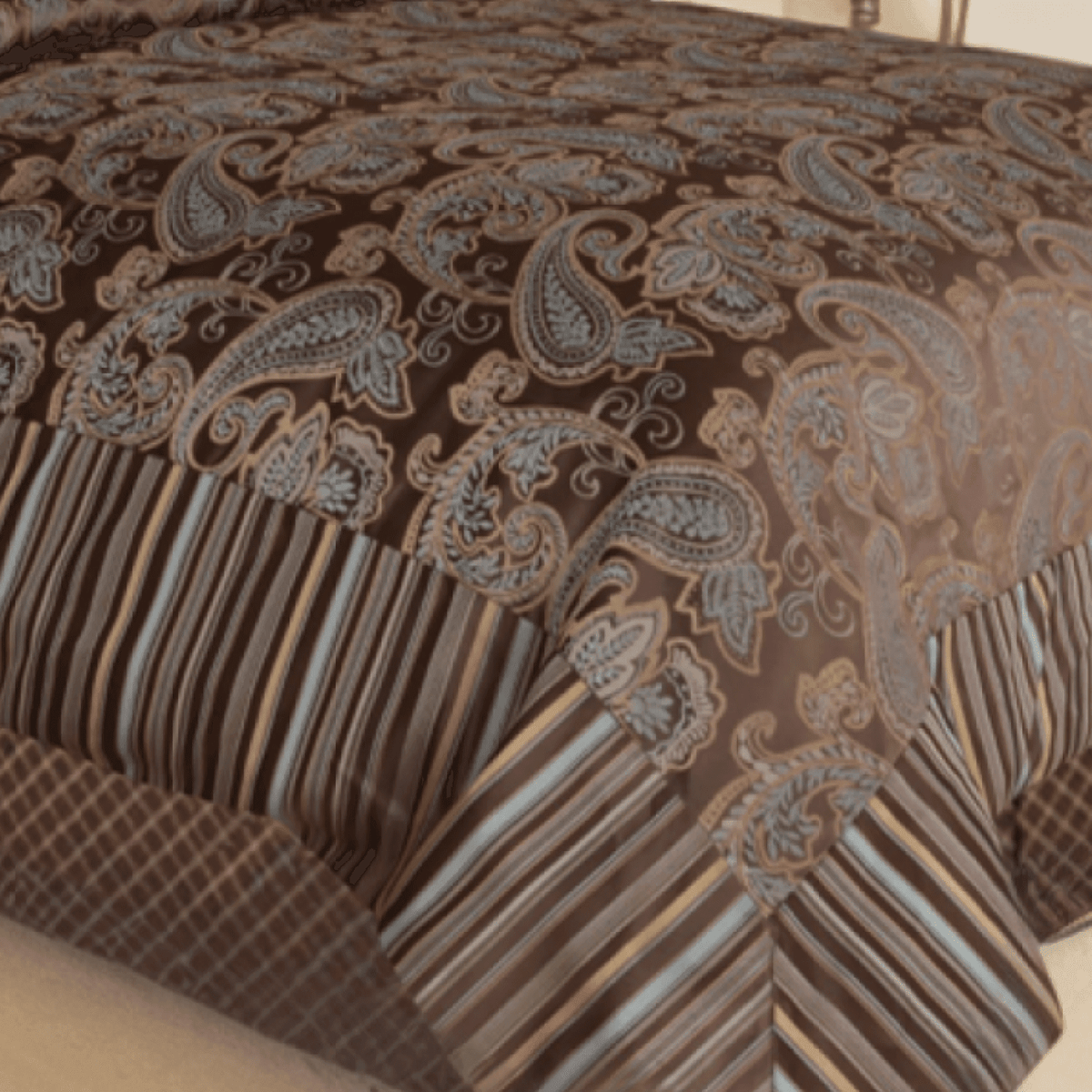 Tache Chenille Elegant Paisley Floral Striped Brown Blue Eastern Comforter Set With Zipper Cover (14070)