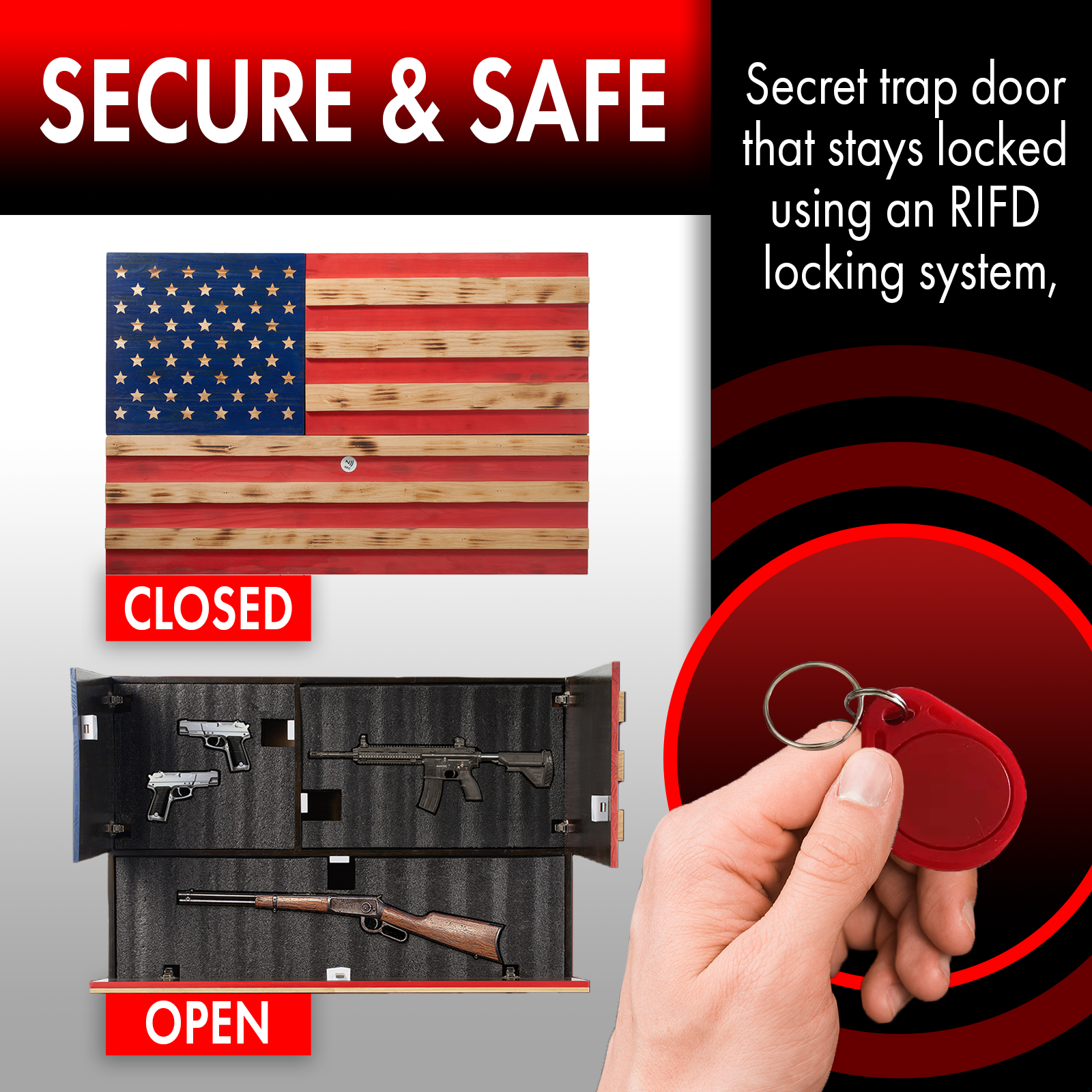 Tactical Rustic Hidden American Flag Gun Storage with Trap Door, Wall Storage | 35