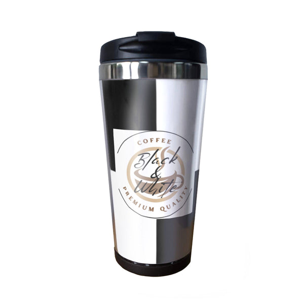 Black & White Insulated Coffee Tumbler – 15oz Stainless Steel Travel Mug with Lid – Spill-Proof Hot & Cold Drink Cup