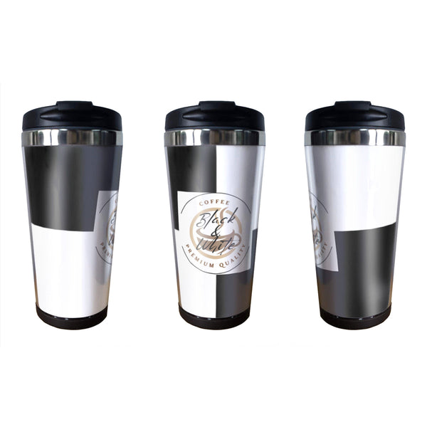 Black & White Insulated Coffee Tumbler – 15oz Stainless Steel Travel Mug with Lid – Spill-Proof Hot & Cold Drink Cup