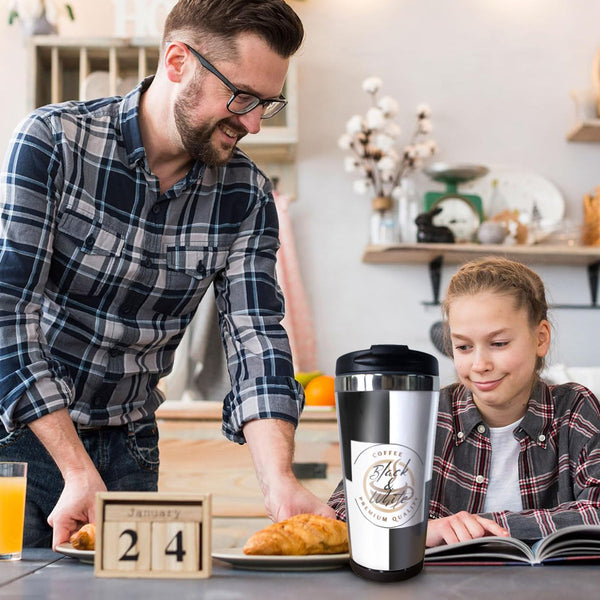 Black & White Insulated Coffee Tumbler – 15oz Stainless Steel Travel Mug with Lid – Spill-Proof Hot & Cold Drink Cup