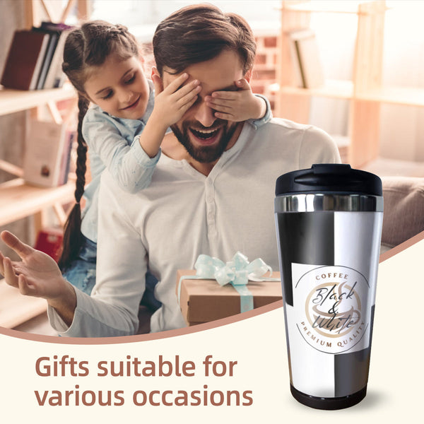 Black & White Insulated Coffee Tumbler – 15oz Stainless Steel Travel Mug with Lid – Spill-Proof Hot & Cold Drink Cup
