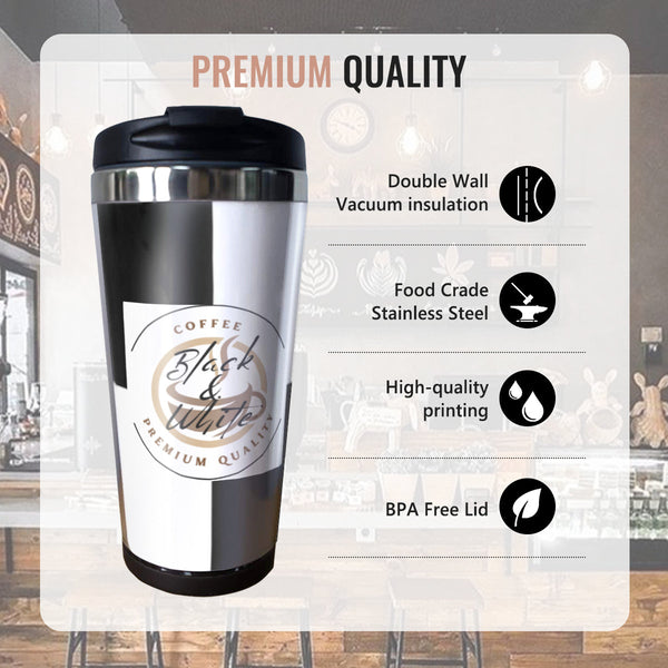 Black & White Insulated Coffee Tumbler – 15oz Stainless Steel Travel Mug with Lid – Spill-Proof Hot & Cold Drink Cup
