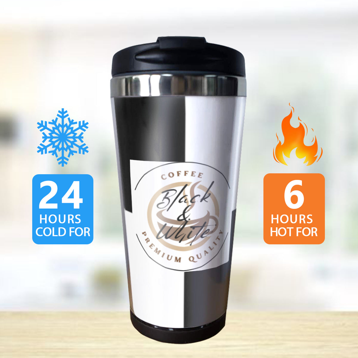 Black & White Insulated Coffee Tumbler – 15oz Stainless Steel Travel Mug with Lid – Spill-Proof Hot & Cold Drink Cup