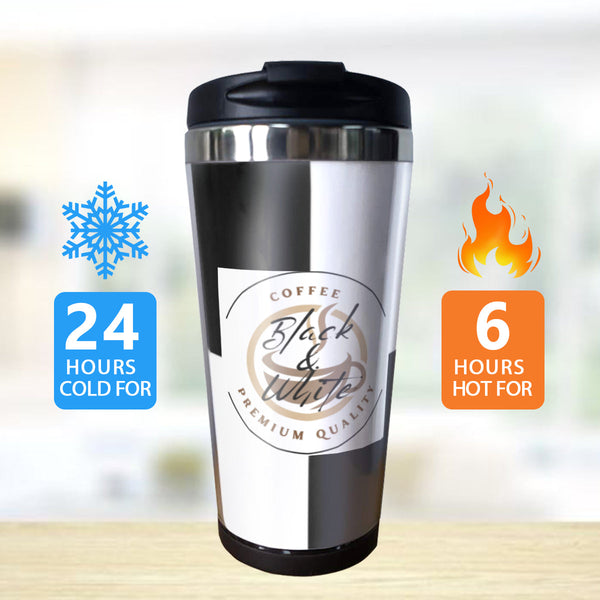 Black & White Insulated Coffee Tumbler – 15oz Stainless Steel Travel Mug with Lid – Spill-Proof Hot & Cold Drink Cup