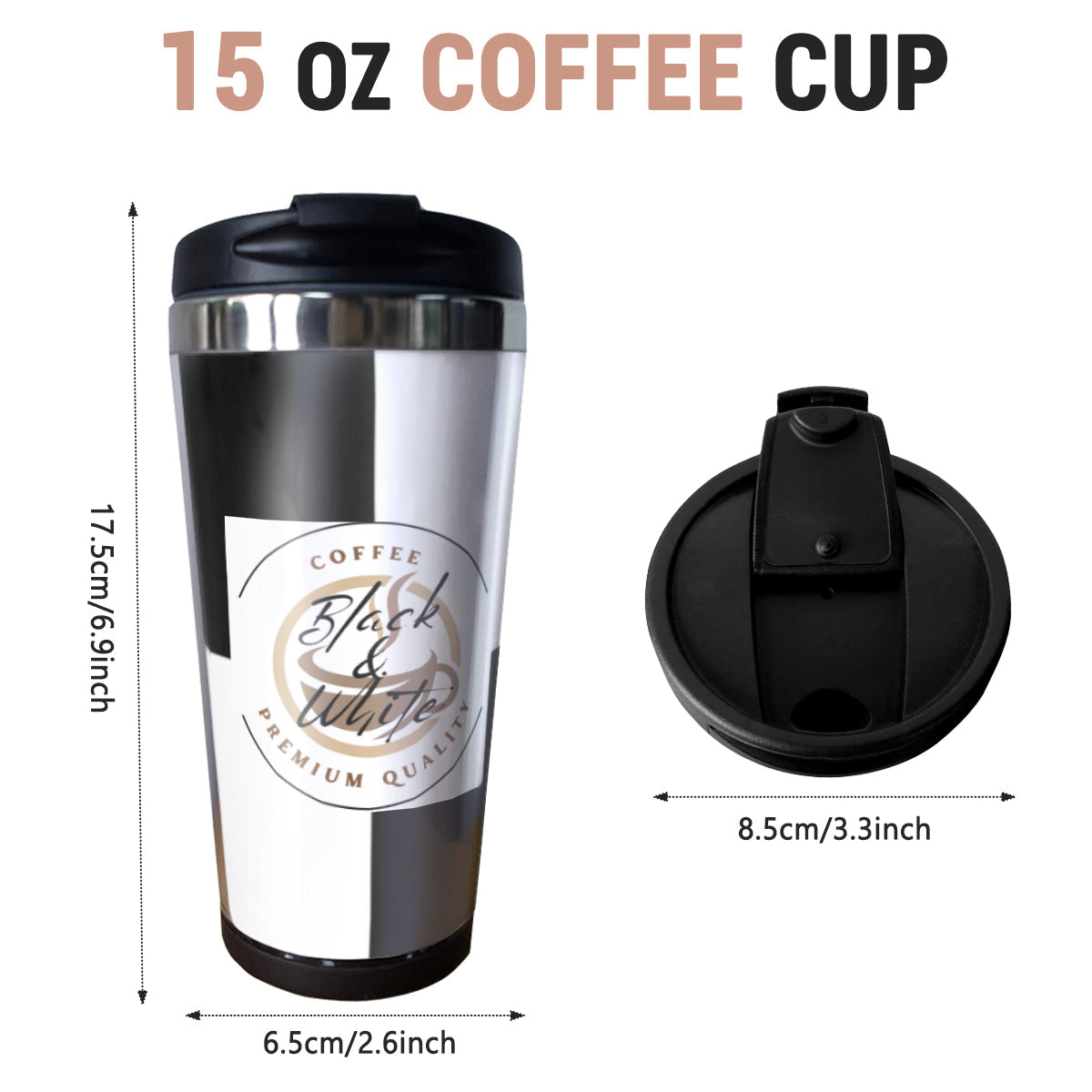 Black & White Insulated Coffee Tumbler – 15oz Stainless Steel Travel Mug with Lid – Spill-Proof Hot & Cold Drink Cup