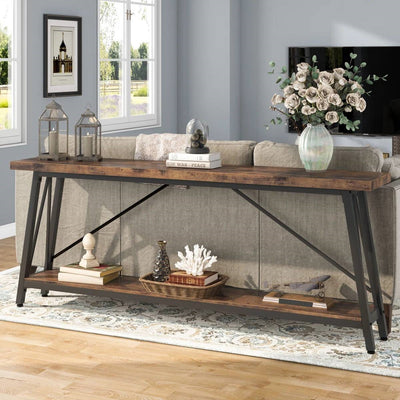 Sturdy 70-inch Industrial Brown Wood Top Console Table with Black Metal Frame