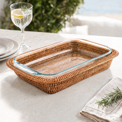 Hand Woven Rattan 3qt Rectangular Casserole Holder