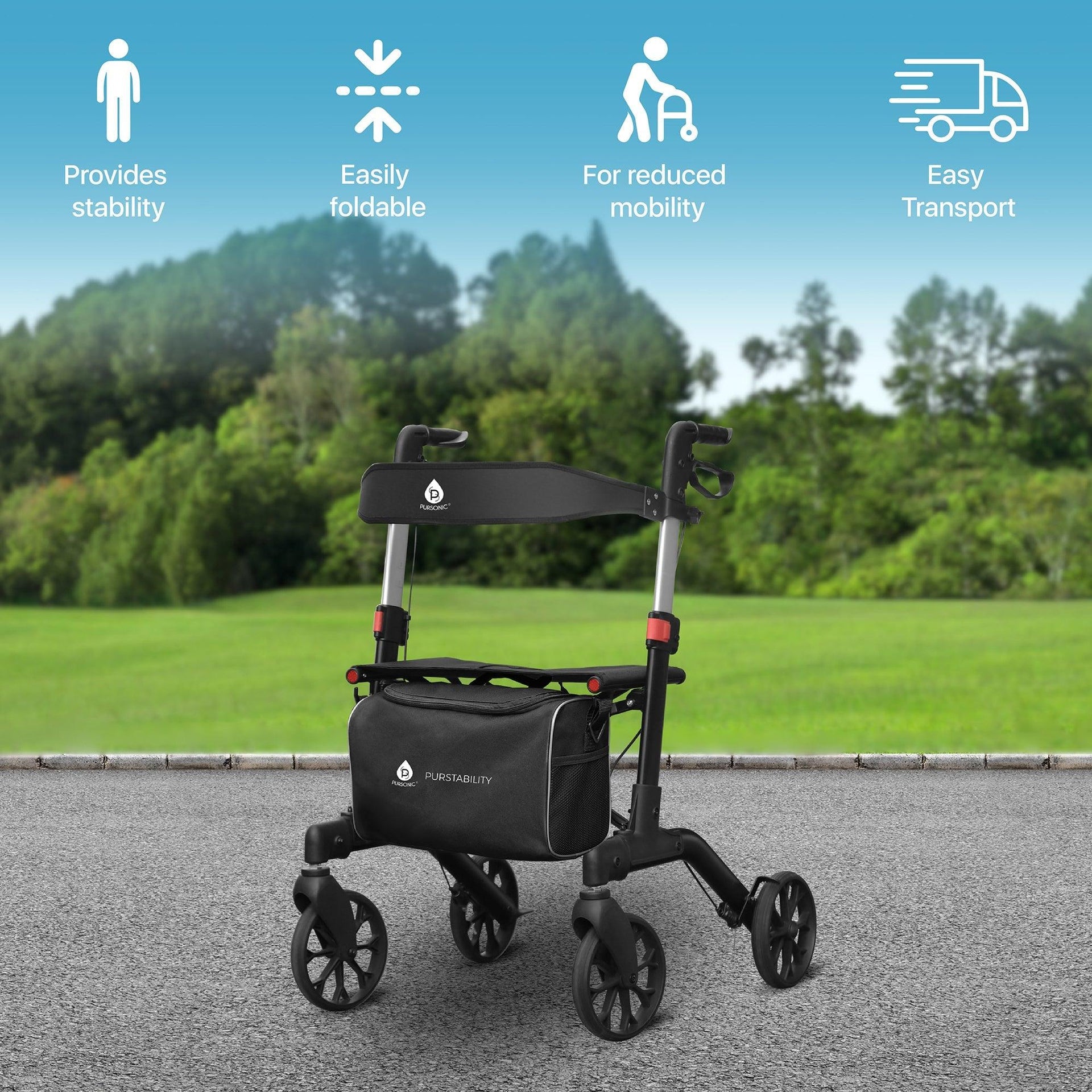 Foldable Wheeled Walker with Backrest and Bag - Adjustable Height, Lightweight, and Sturdy Design for Enhanced Mobility Support