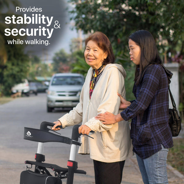 Foldable Wheeled Walker with Adjustable Height, 9-Inch Front and 8-Inch Rear Wheels, 300 lb Capacity