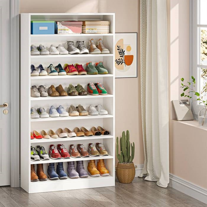 Modern 8-Shelf Shoe Rack Shelving Unit for Closet Storage in White Wood Finish