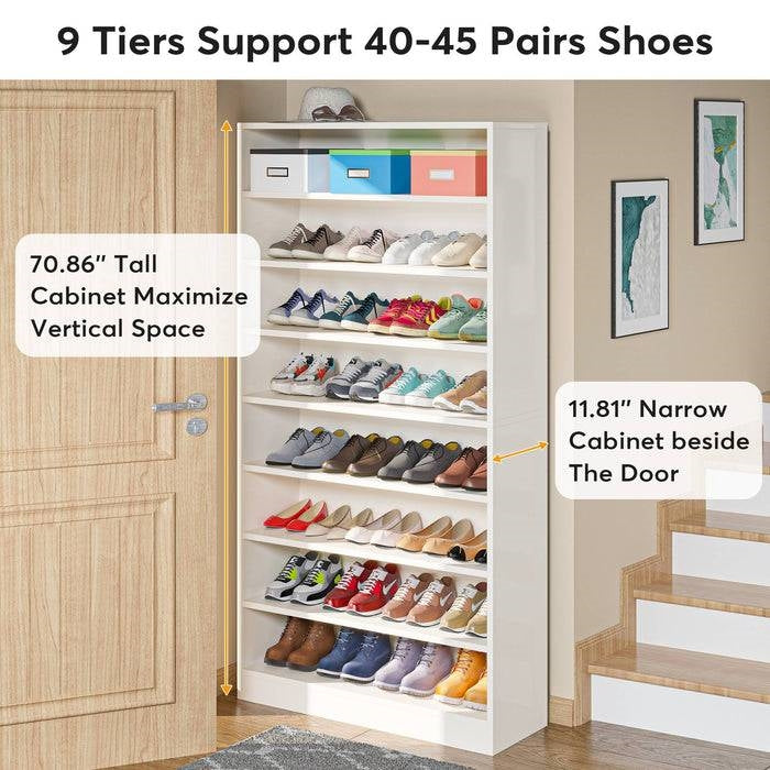 Modern 8-Shelf Shoe Rack Shelving Unit for Closet Storage in White Wood Finish