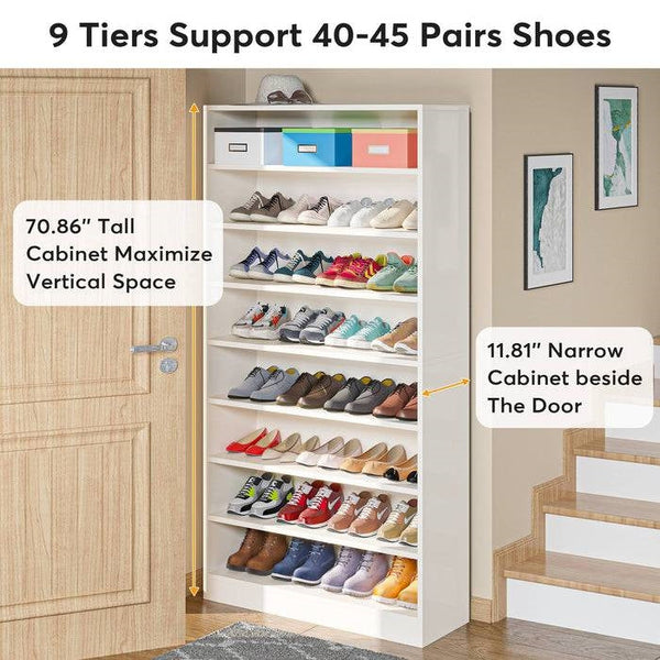 Modern 8-Shelf Shoe Rack Shelving Unit for Closet Storage in White Wood Finish