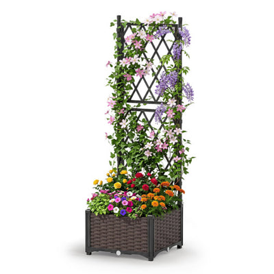 Raised Garden Bed with Lattice Trellis  Drainage Self-Watering Elevated Vertical Planter Boxes-Black