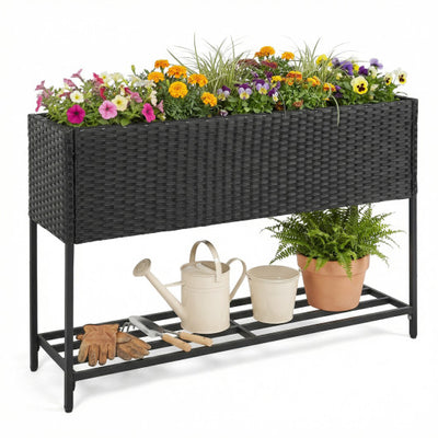 Raised Wicker Garden Bed with Storage Shelf and Removable Liner-Black