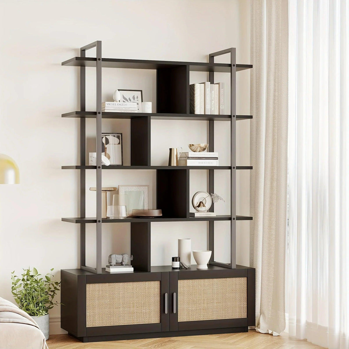 Rattan 5 Tier Bookshelf with Open Storage, 71 Inch Black Bookcase