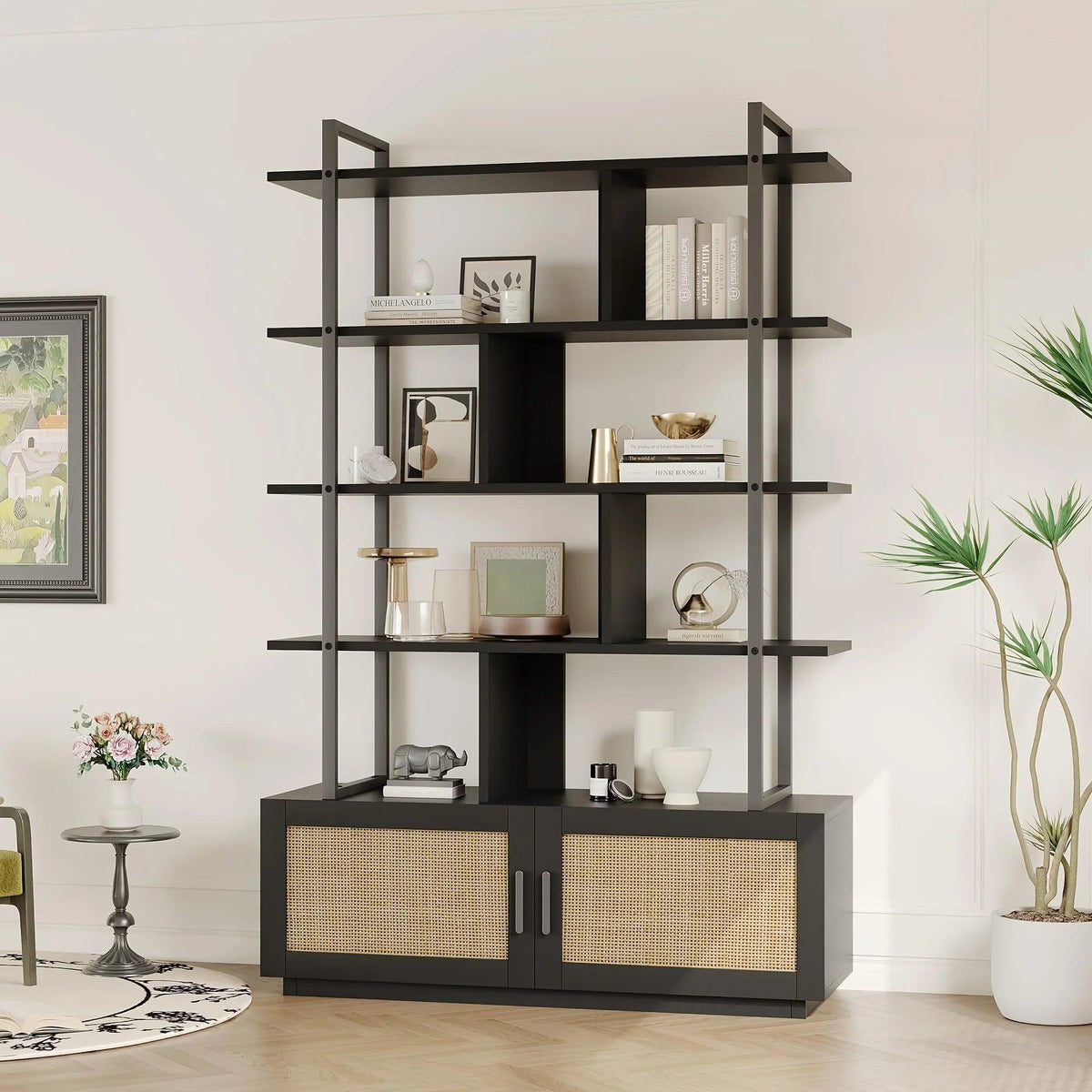 Rattan 5 Tier Bookshelf with Open Storage, 71 Inch Black Bookcase