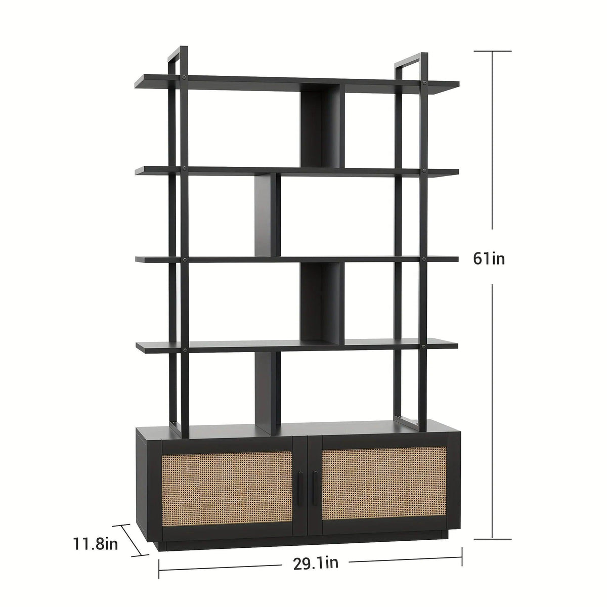 Rattan 5 Tier Bookshelf with Open Storage, 71 Inch Black Bookcase