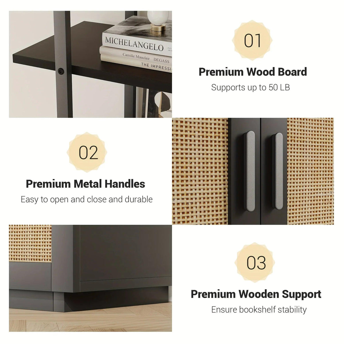 Rattan 5 Tier Bookshelf with Open Storage, 71 Inch Black Bookcase