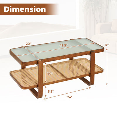 Rattan Coffee Table with Tempered Glass Top and Storage Shelf-Walnut