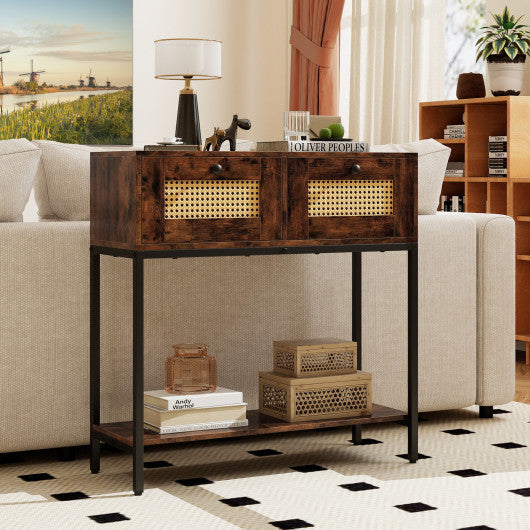 Rattan Console Table Boho Entryway Table with 2 Rattan Drawers and Open Storage Shelf-Rustic Brown