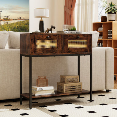 Rattan Console Table Boho Entryway Table with 2 Rattan Drawers and Open Storage Shelf-Rustic Brown