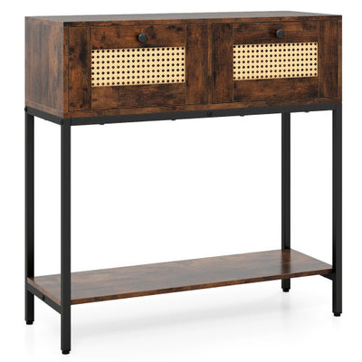 Rattan Console Table Boho Entryway Table with 2 Rattan Drawers and Open Storage Shelf-Rustic Brown